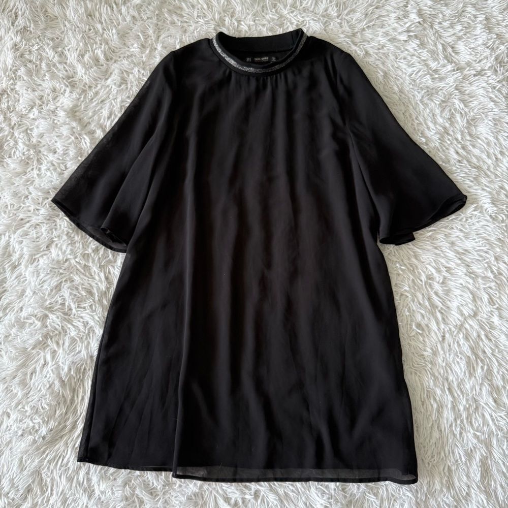Zara Black Chiffon Flowy A-line Shift Dress with Metallic Collar Size M - Picture 5 of 6